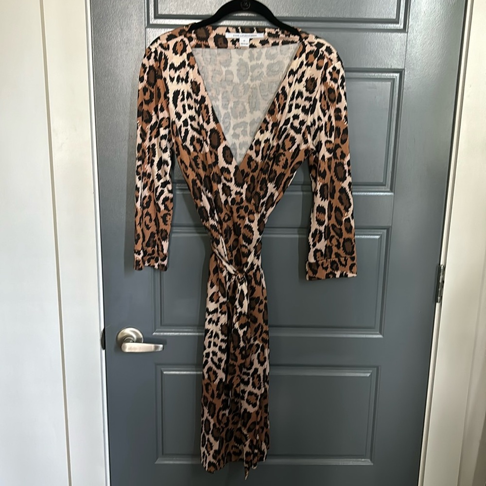 Diane Von Furstenberg Leopard Print Wrap Midi Dress in Brown and Black